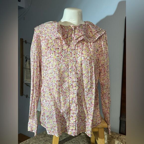 SMALL J. Crew Pink Ruffled Bib Cute Floral Button Down Blouse - Picture 2 of 9